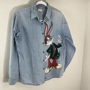 Jerry Leigh Bugs Bunny Shirt Medium Button Blue Long Sleeve Acid Wash Denim Flaw